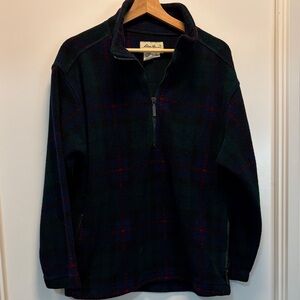 L.L. Bean Men's Forest Green and Navy Plaid Quarter-Zip Fleece